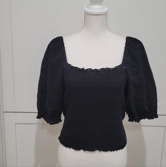 Samsoe Samsoe Black Cotton Puff Sleeve Top w/Smocking | Size Large - Picture 1 of 8